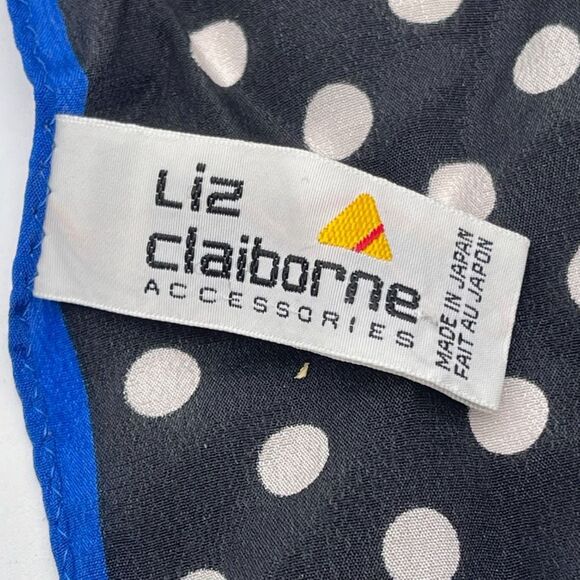 Vintage LIZ CLAIBORNE Silk Scarf Red Pink Blue Polka Dot Stripes Crest Square - Picture 2 of 11